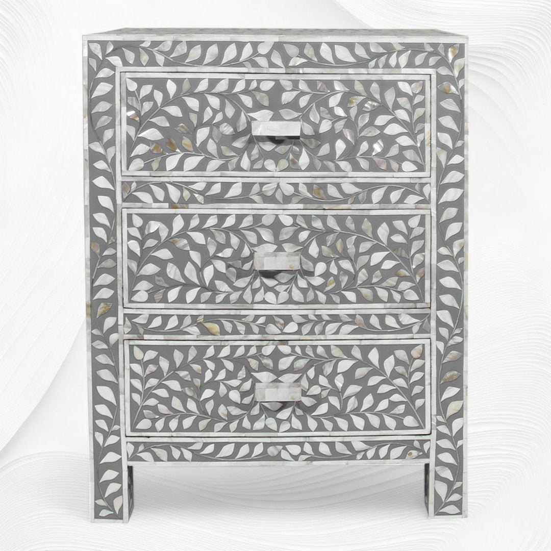 Mother Of Pearl Inlay Floral 3 Drawer Bedside Grey