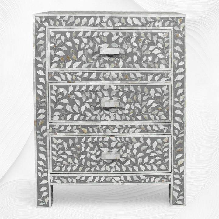 Mother Of Pearl Inlay Floral 3 Drawer Bedside Grey