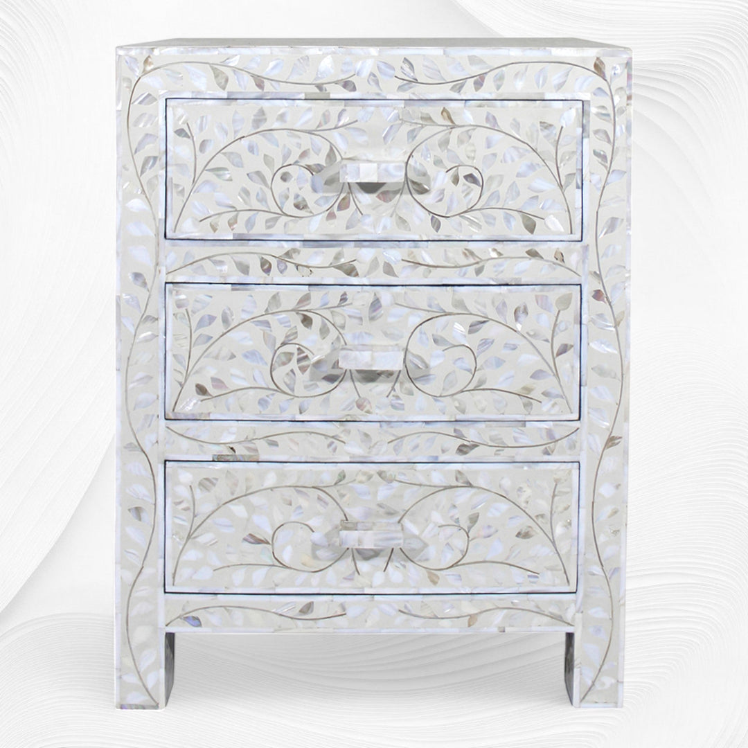 Mother Of Pearl Inlay Floral 3 Drawer Bedside Ivory
