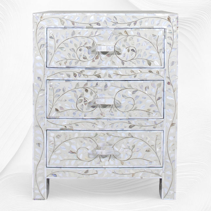 Mother Of Pearl Inlay Floral 3 Drawer Bedside Ivory