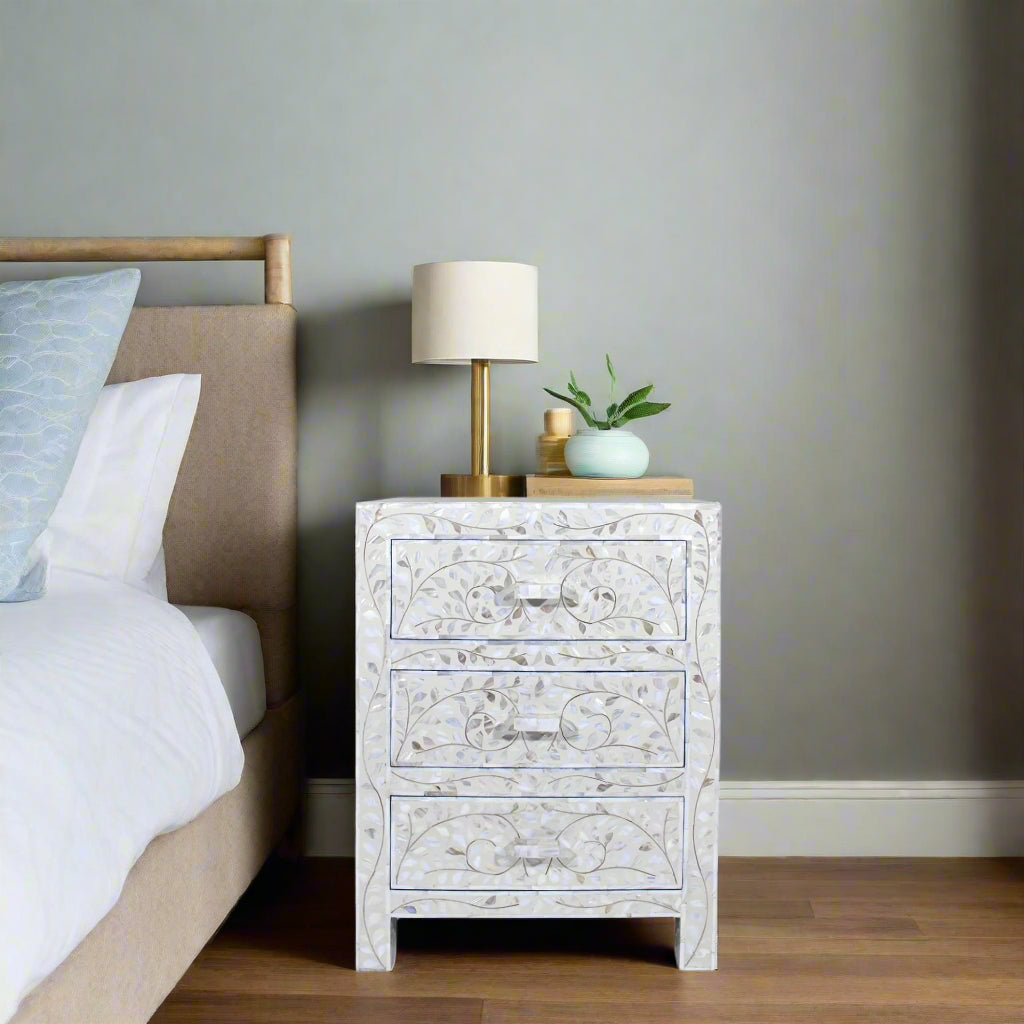 Mother Of Pearl Inlay Floral 3 Drawer Bedside Ivory
