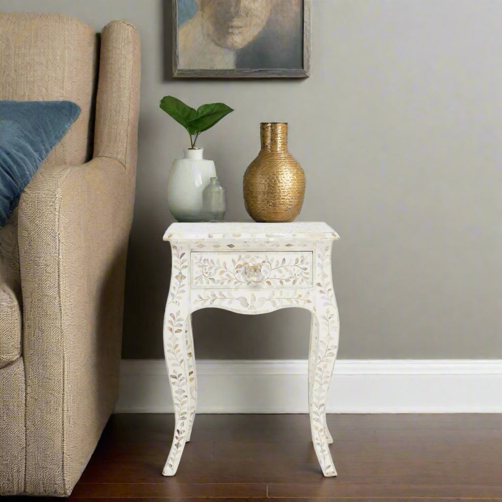 Mother of Pearl Inlay Curved Leg Table White