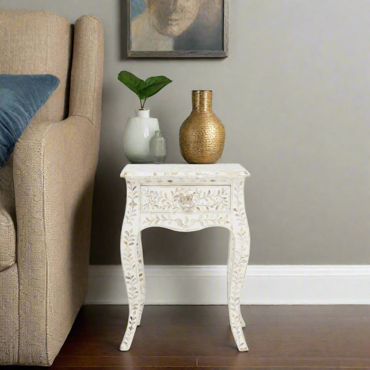 Mother of Pearl Inlay Curved Leg Table White