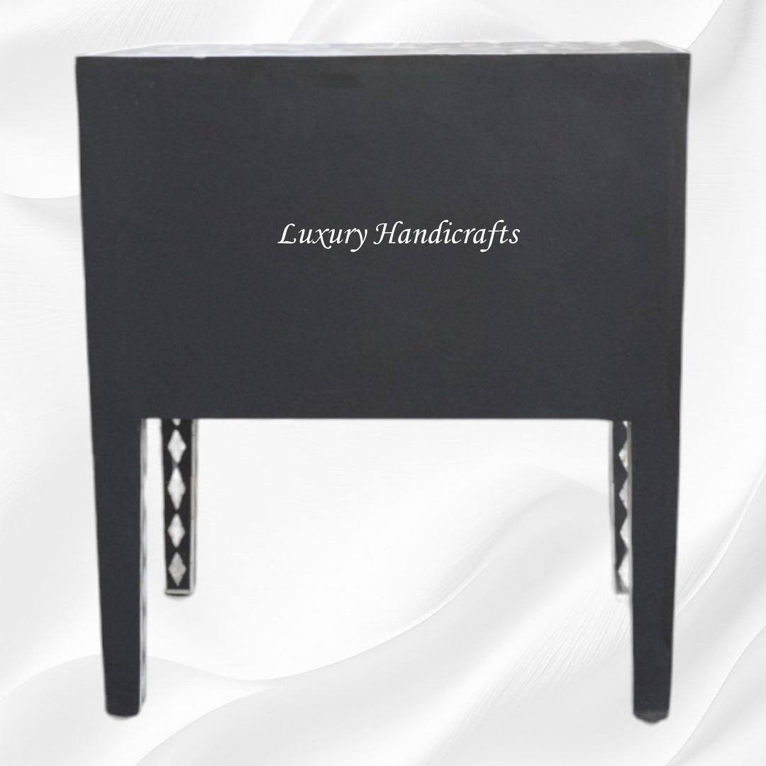 Mother Of Pearl Inlay Bedside 2 Drawer Lotus Design Black