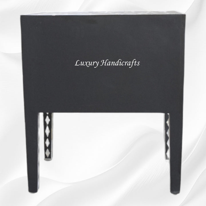 Mother Of Pearl Inlay Bedside 2 Drawer Lotus Design Black