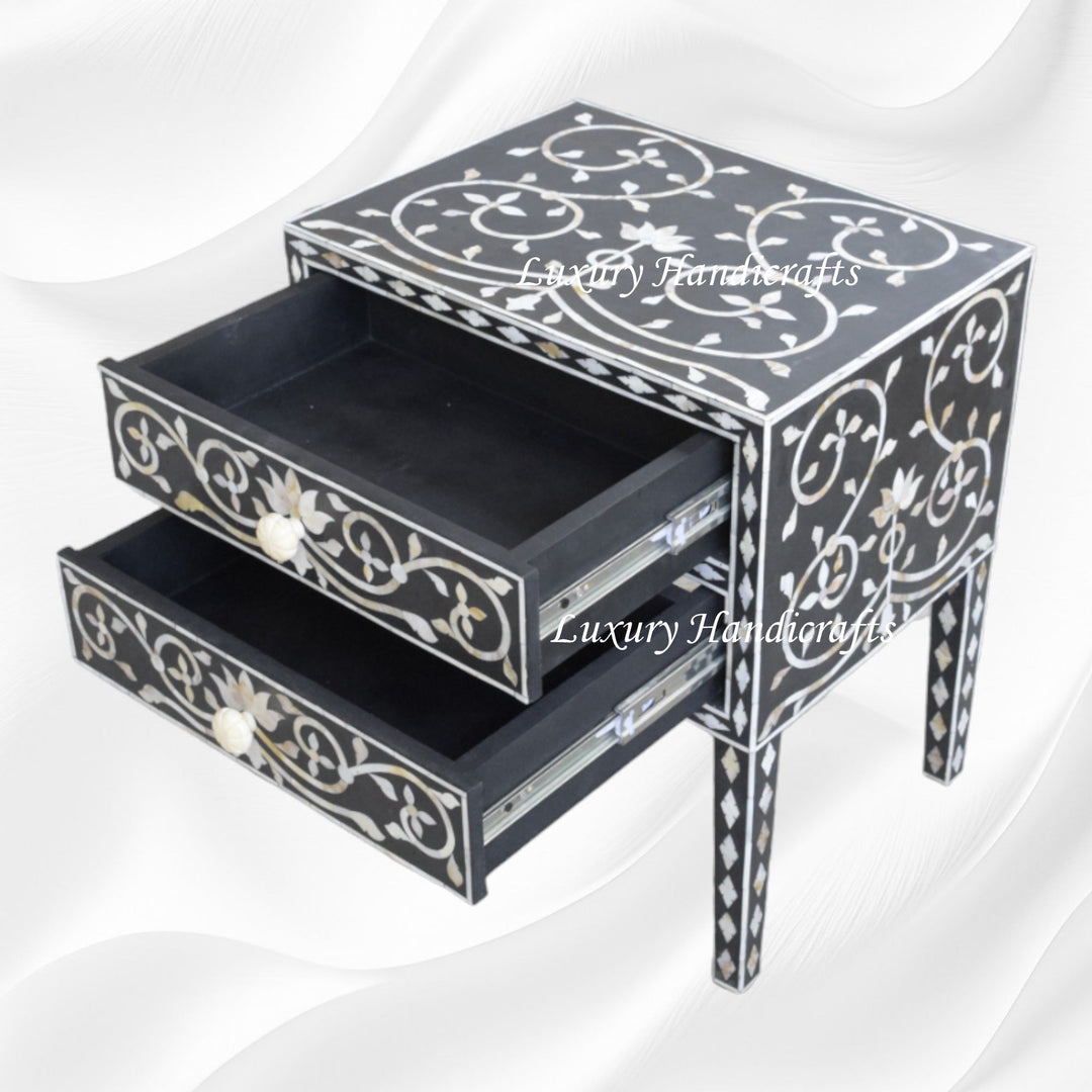 Mother Of Pearl Inlay Bedside 2 Drawer Lotus Design Black