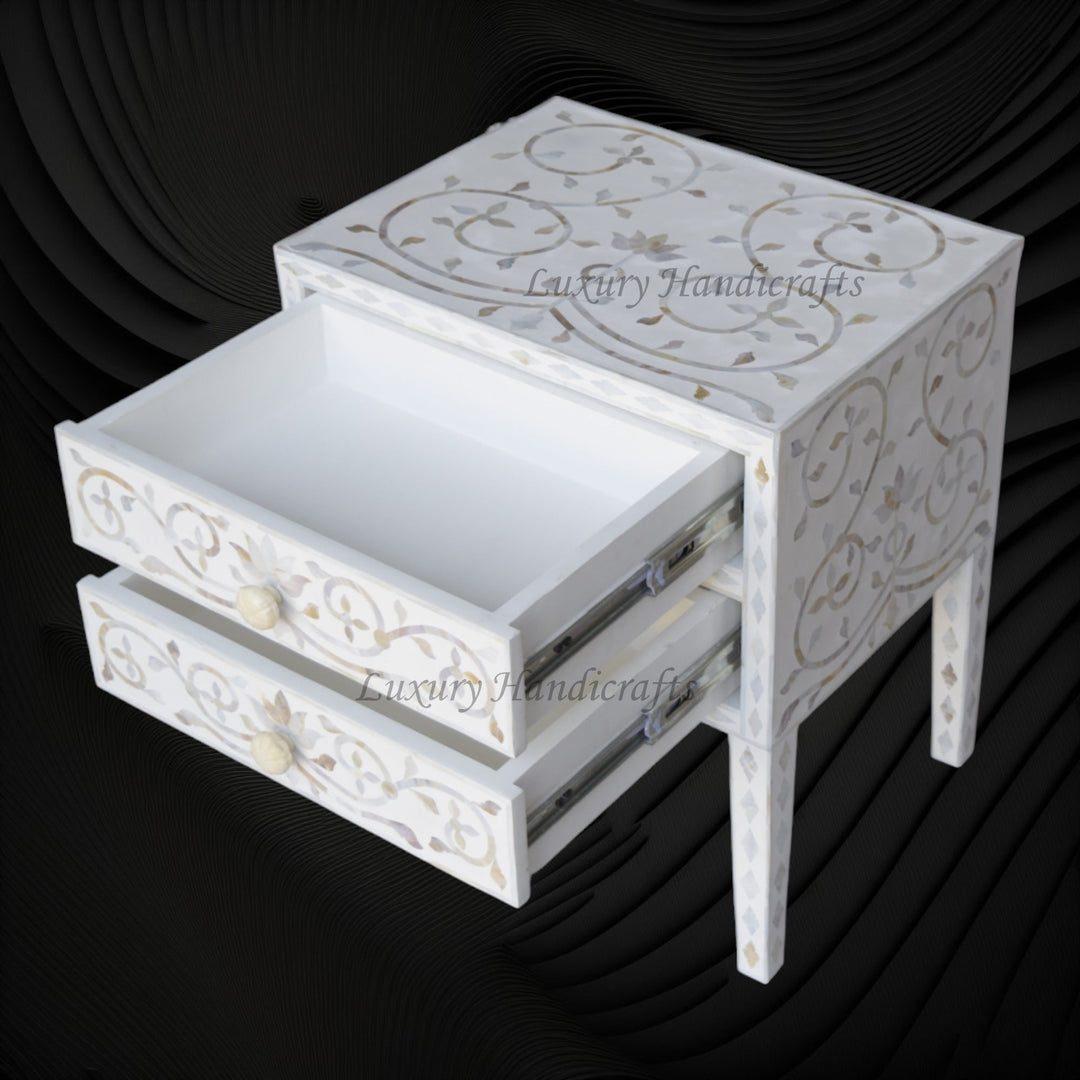 Mother Of Pearl Inlay Bedside 2 Drawer Lotus Design White