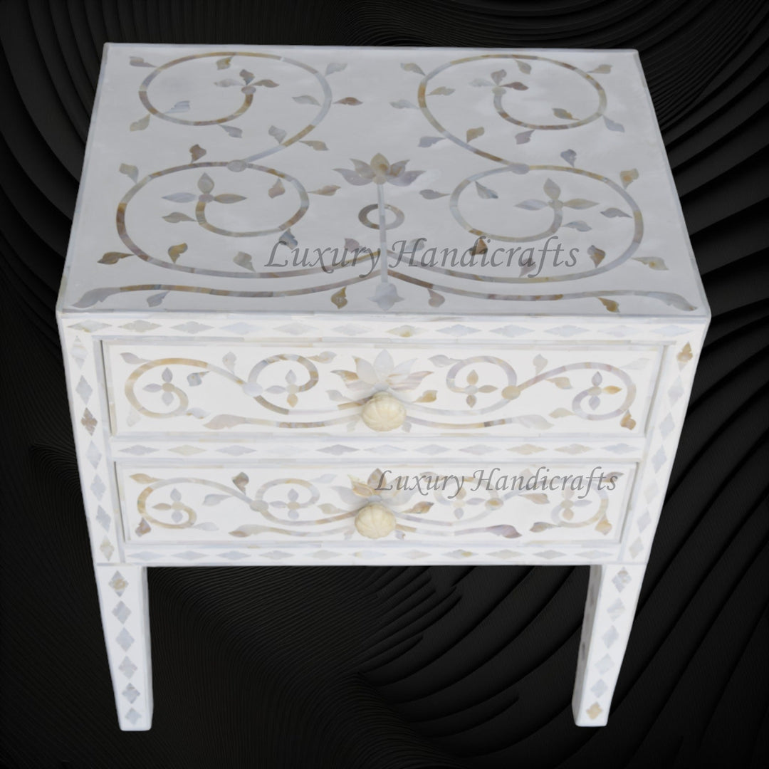 Mother Of Pearl Inlay Bedside 2 Drawer Lotus Design White