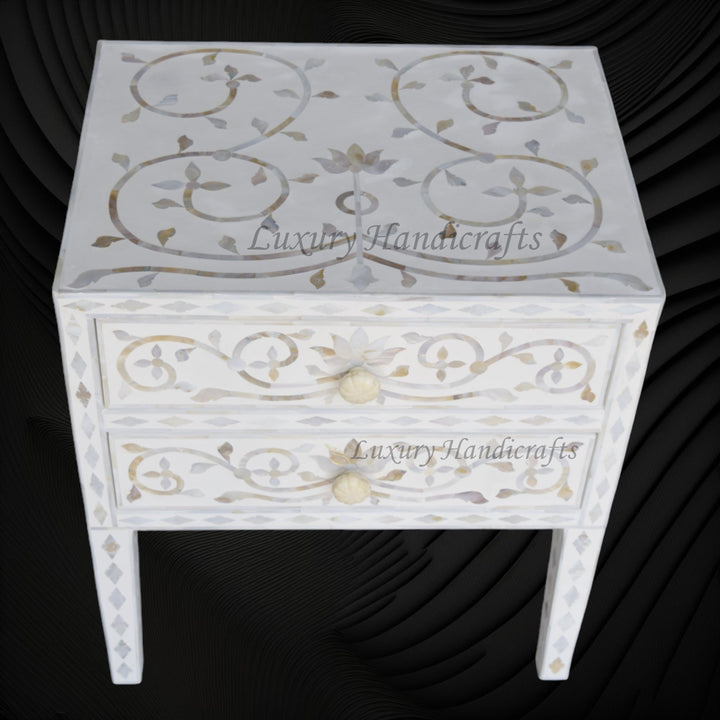 Mother Of Pearl Inlay Bedside 2 Drawer Lotus Design White