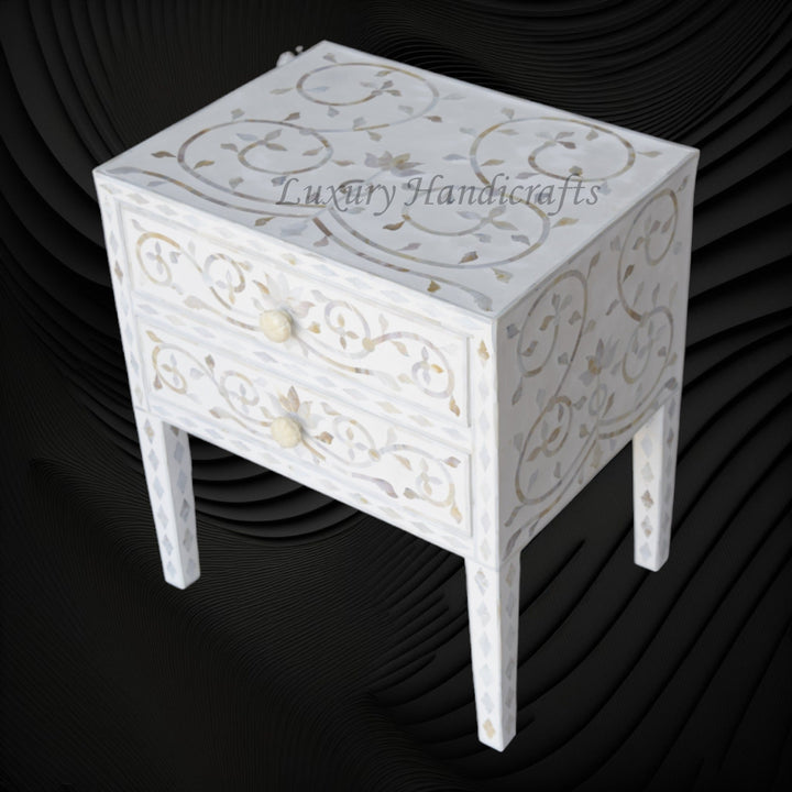 Mother Of Pearl Inlay Bedside 2 Drawer Lotus Design White