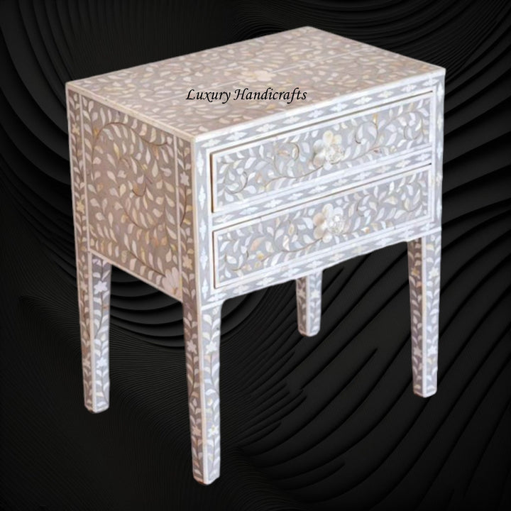 MOP Inlay Floral 2 Drawer Bedside Long Leg Grey