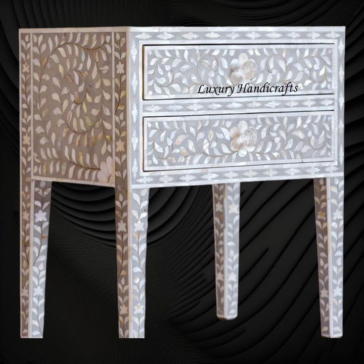 MOP Inlay Floral 2 Drawer Bedside Long Leg Grey