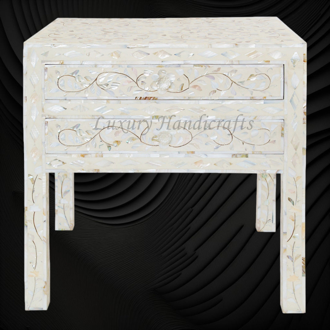 MOP Inlay Floral 2 Drawer Bedside Long Leg Ivory
