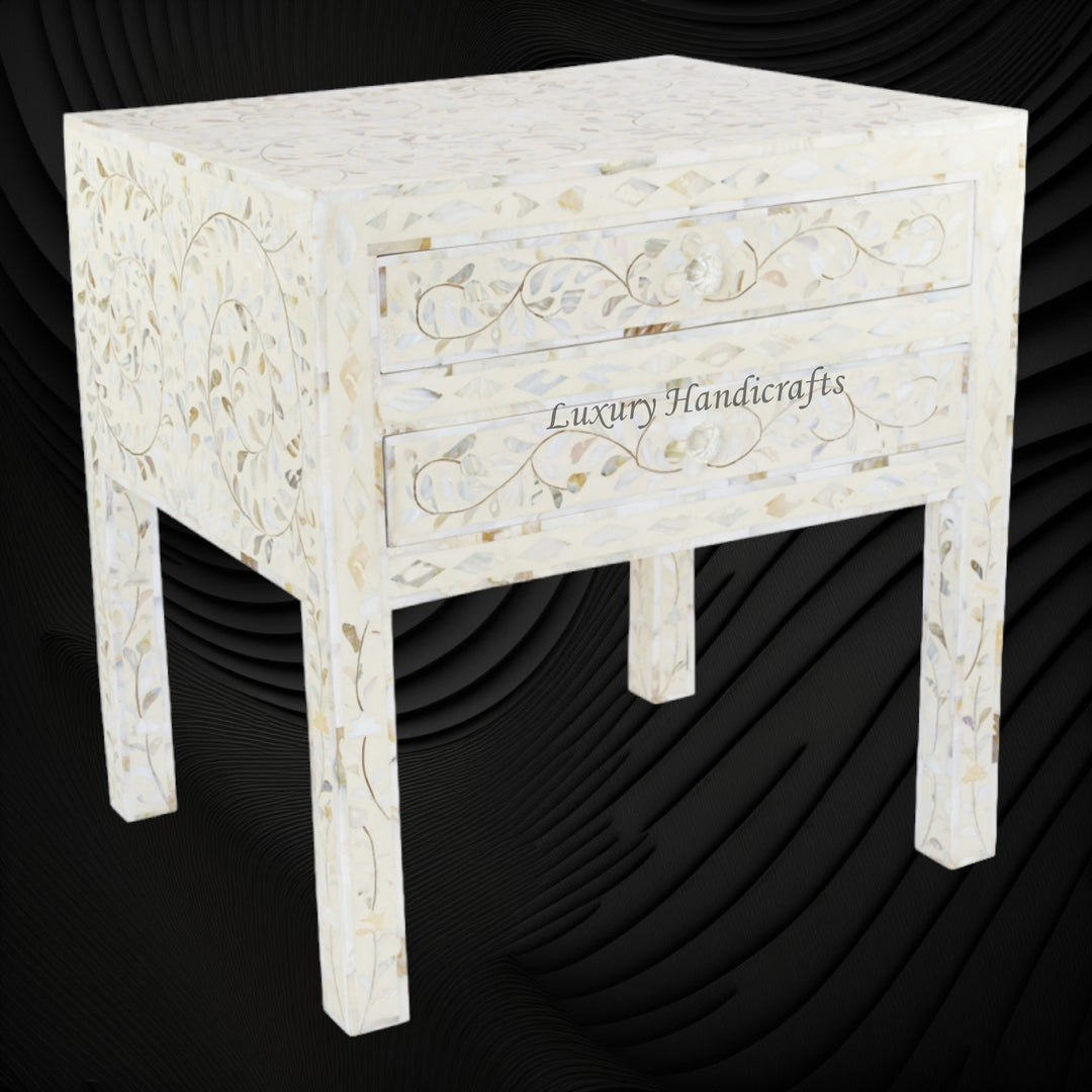 MOP Inlay Floral 2 Drawer Bedside Long Leg Ivory