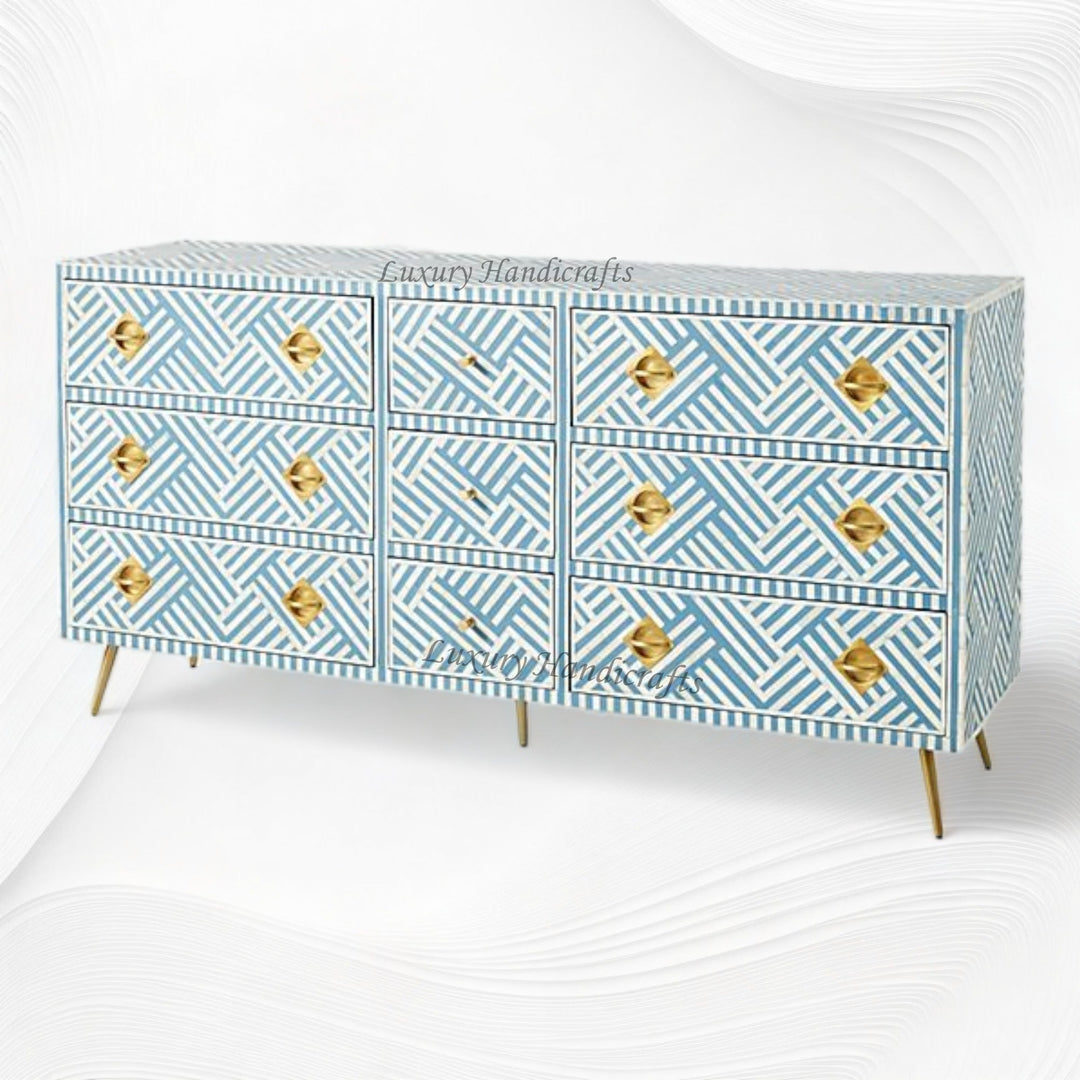 Optical Bone Inlay 9 Drawer Chest Blue