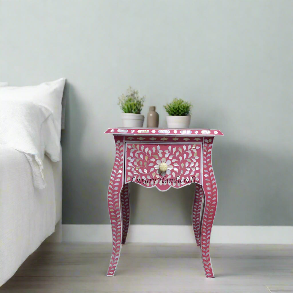 Pink Mother Of Pearl Inlay French Bedside 1 Drawer Floral Design