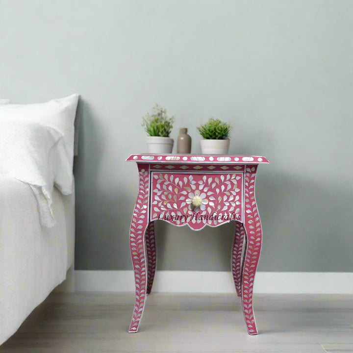 Pink Mother Of Pearl Inlay French Bedside 1 Drawer Floral Design