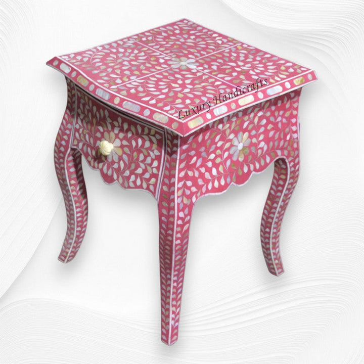 Pink Mother Of Pearl Inlay French Bedside 1 Drawer Floral Design