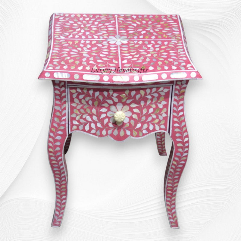 Pink Mother Of Pearl Inlay French Bedside 1 Drawer Floral Design