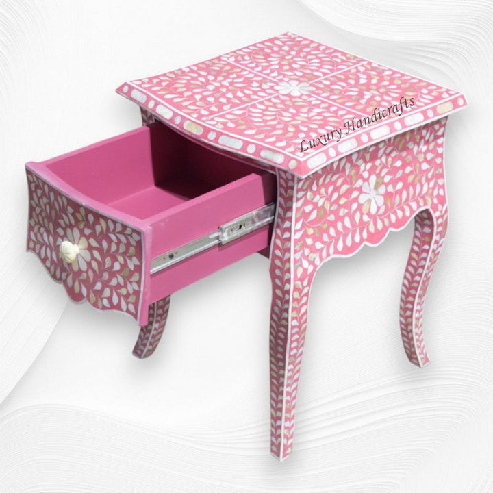 Pink Mother Of Pearl Inlay French Bedside 1 Drawer Floral Design