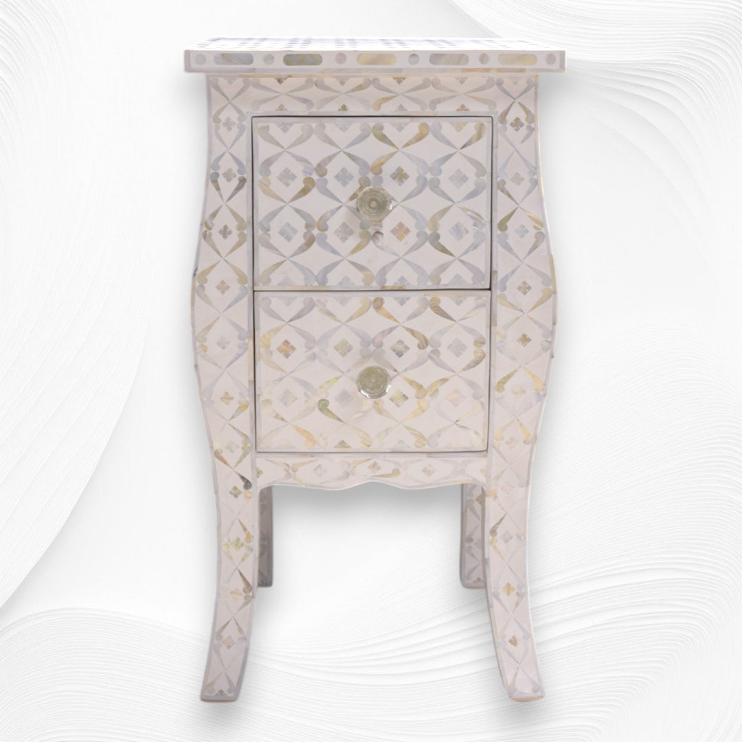 Quote Mother Of Pearl Inlay Bedside 2 Drawer White
