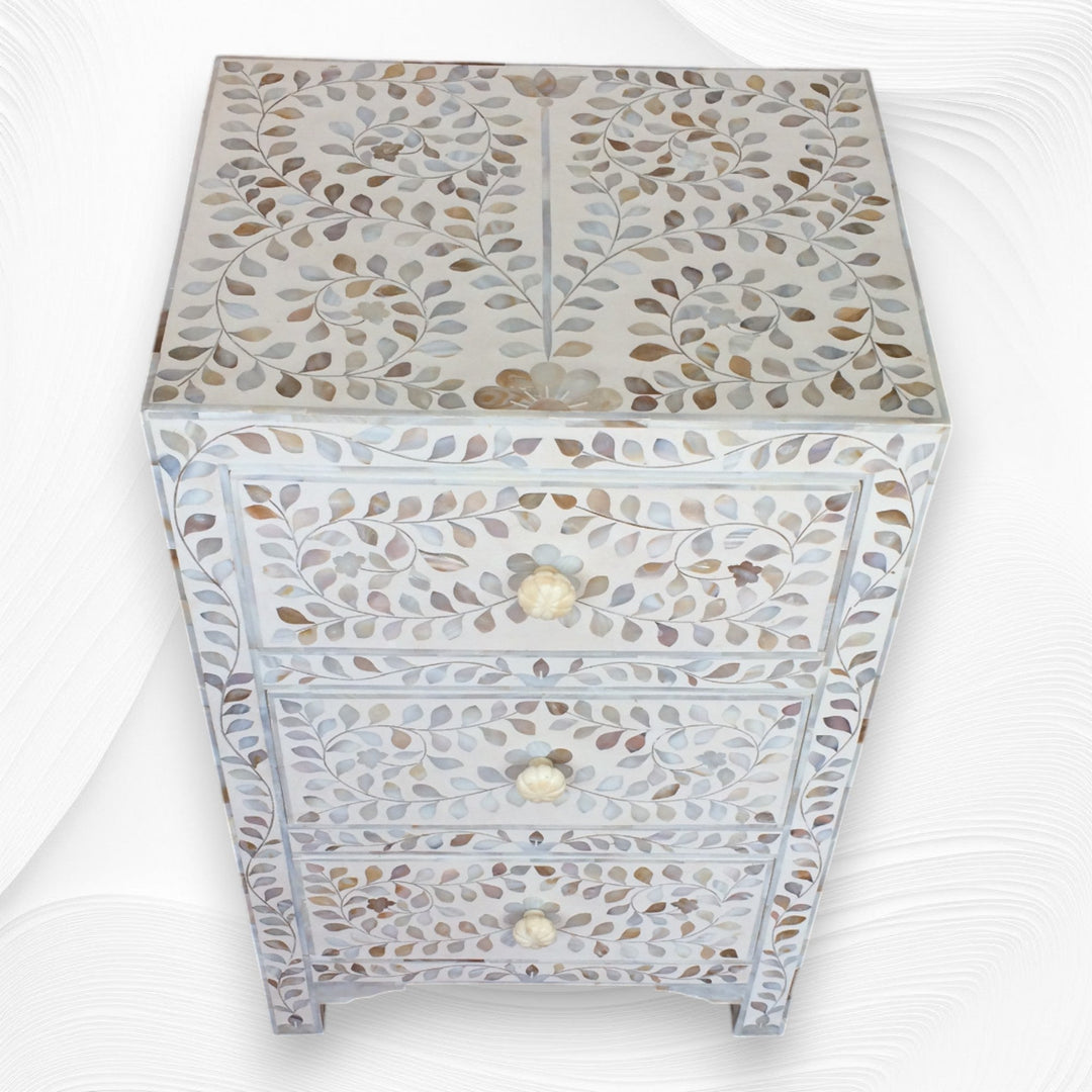 Rosa MOP Inlay 3 Drawer Bedside White