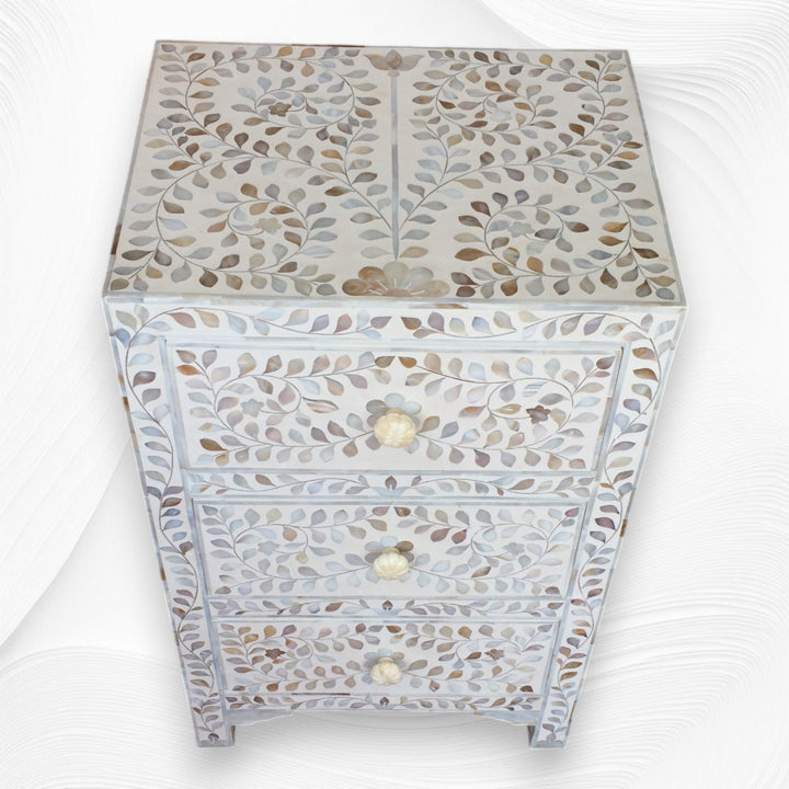 Rosa MOP Inlay 3 Drawer Bedside White