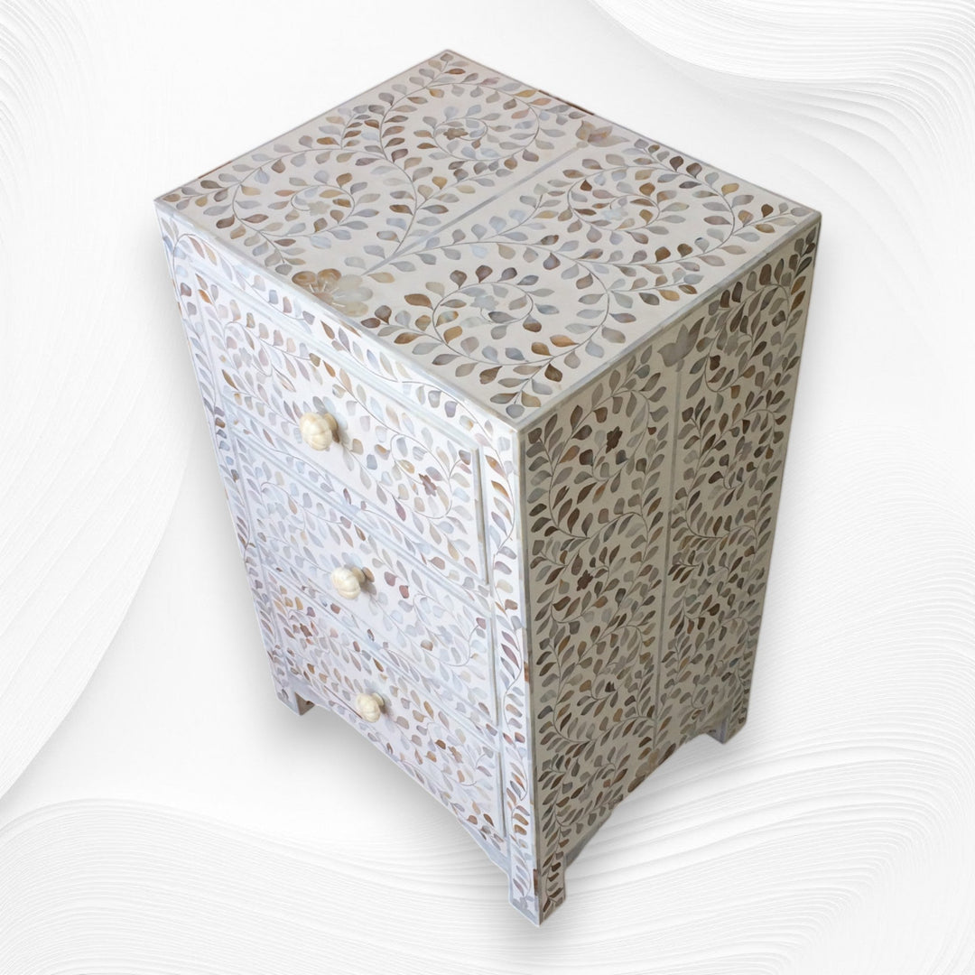 Rosa MOP Inlay 3 Drawer Bedside White
