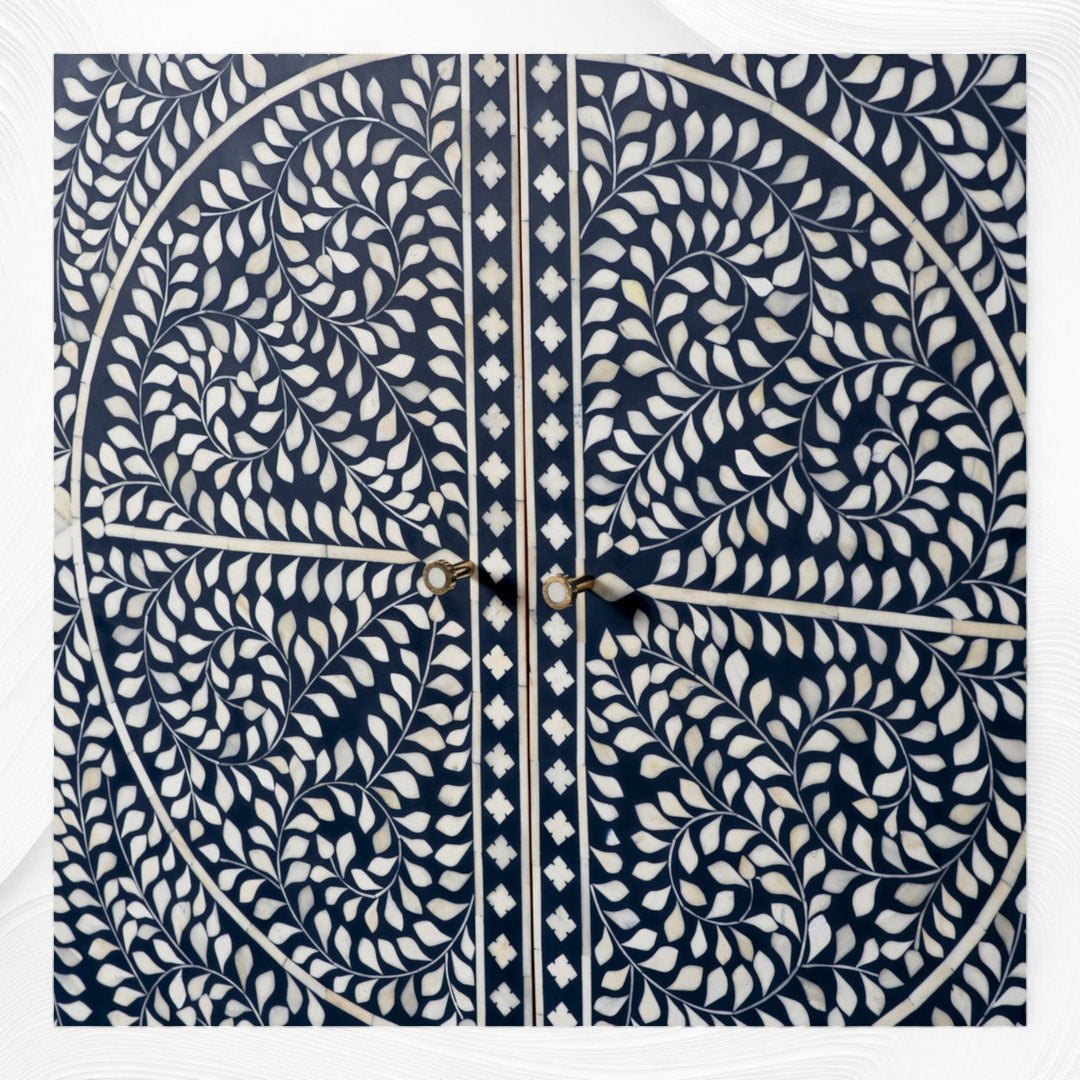 Scroll Vine Bone Inlay Bar Cabinet Blue