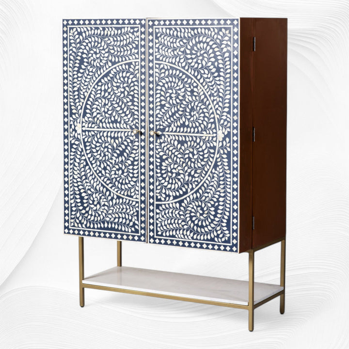 Scroll Vine Bone Inlay Bar Cabinet Blue