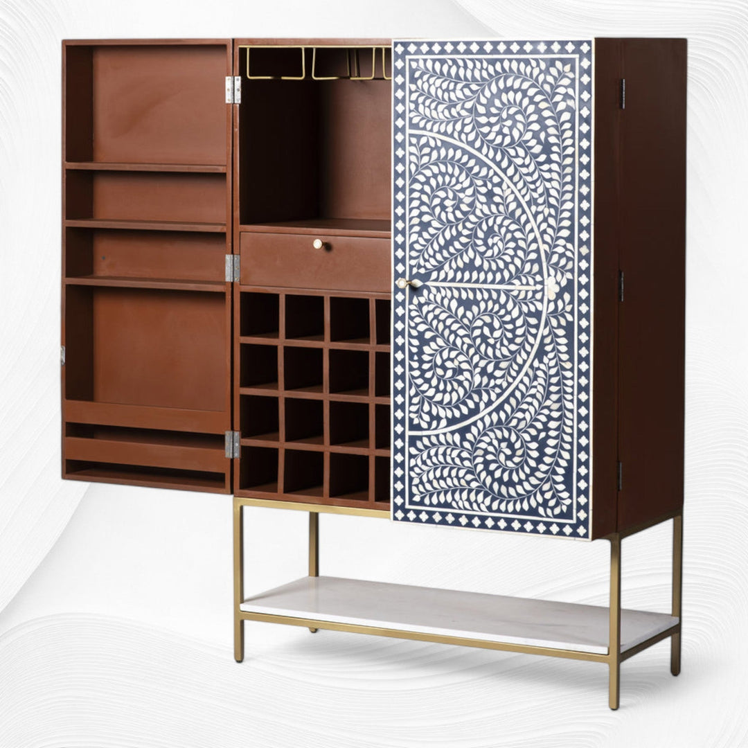 Scroll Vine Bone Inlay Bar Cabinet Blue