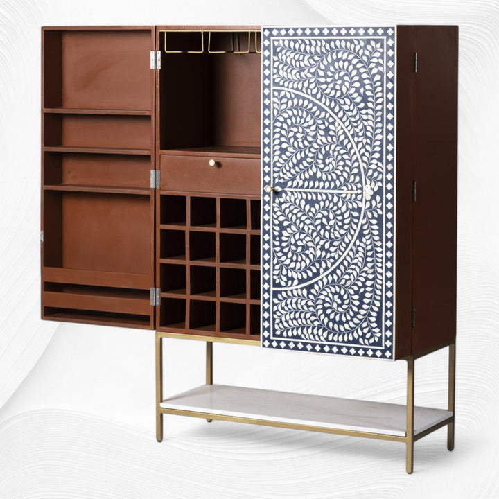 Scroll Vine Bone Inlay Bar Cabinet Blue