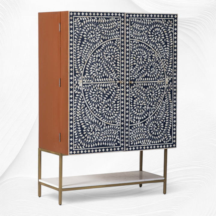 Scroll Vine Bone Inlay Bar Cabinet Blue