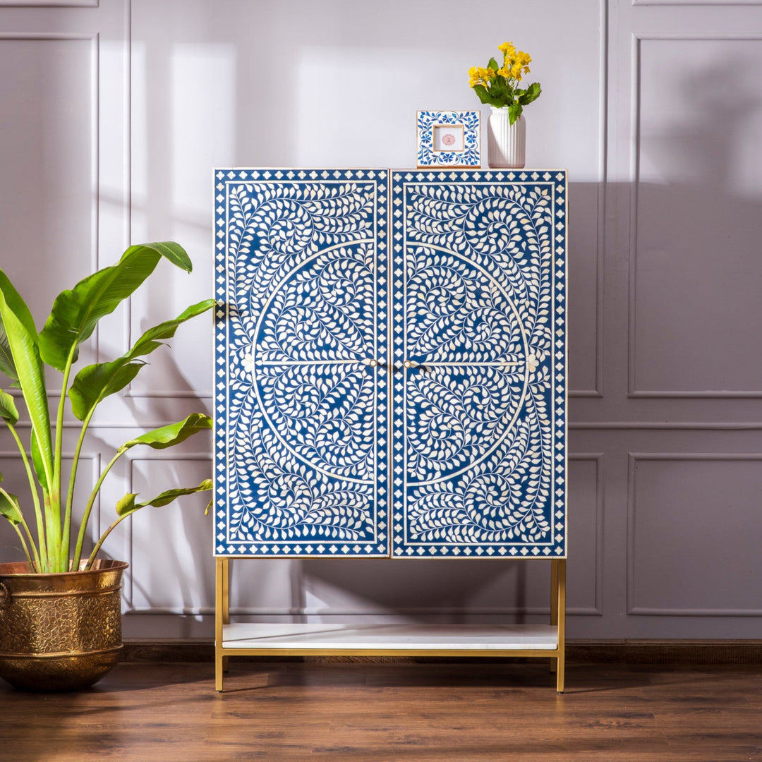 Scroll Vine Bone Inlay Bar Cabinet Blue