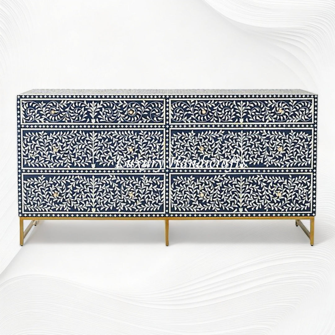 Scroll Vine Bone Inlay 6 Drawer Dresser Blue