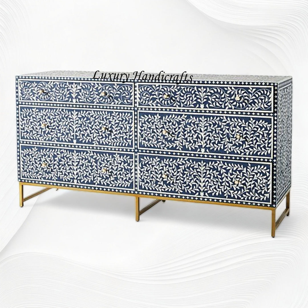 Scroll Vine Bone Inlay 6 Drawer Dresser Blue