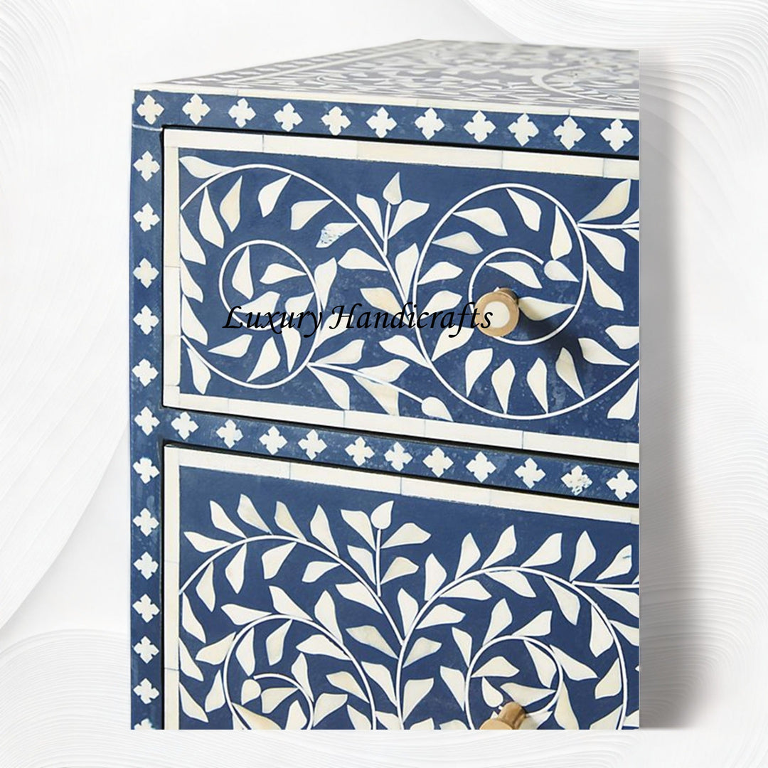 Scroll Vine Bone Inlay 6 Drawer Dresser Blue