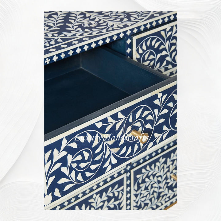 Scroll Vine Bone Inlay 6 Drawer Dresser Blue