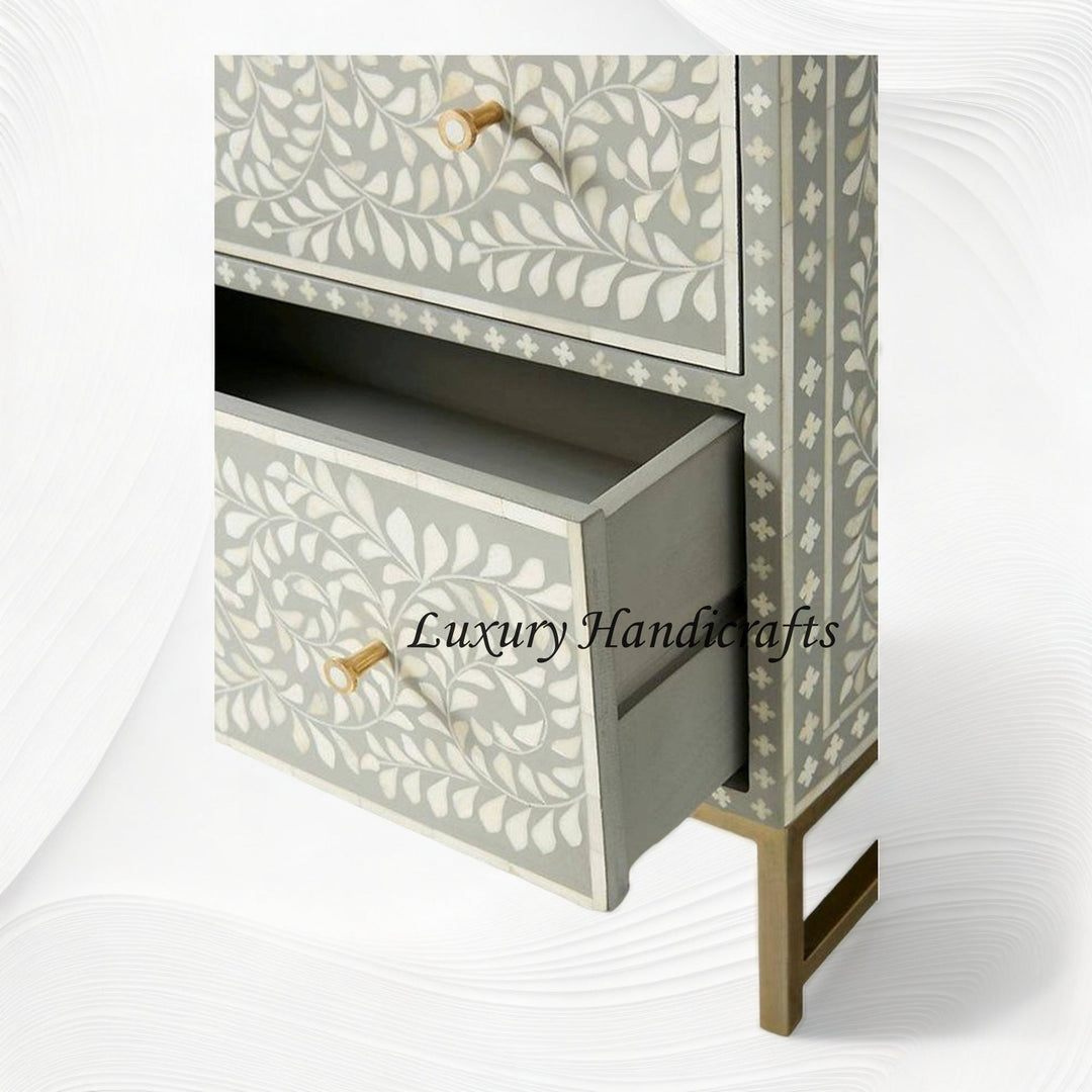 Scroll Vine Bone Inlay 6 Drawer Dresser Grey