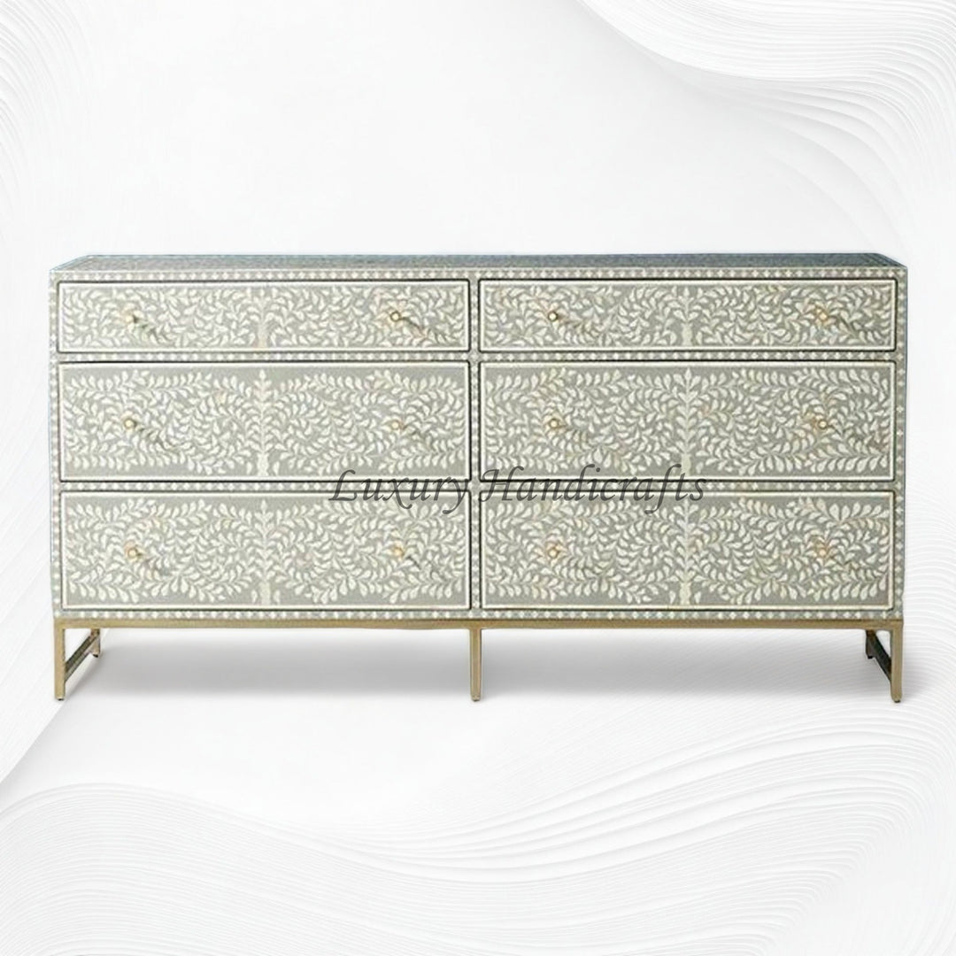 Scroll Vine Bone Inlay 6 Drawer Dresser Grey