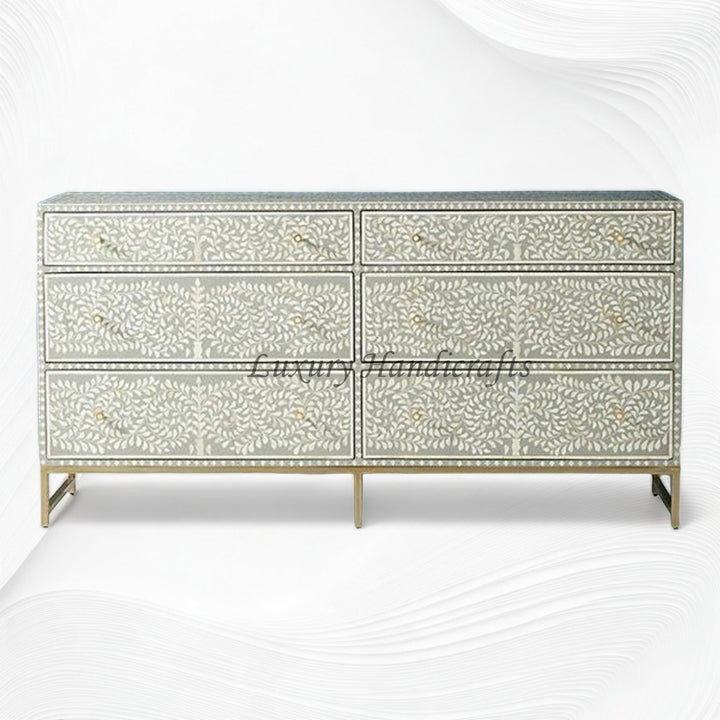 Scroll Vine Bone Inlay 6 Drawer Dresser Grey