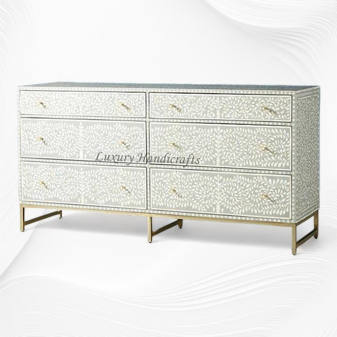 Scroll Vine Bone Inlay 6 Drawer Dresser Grey