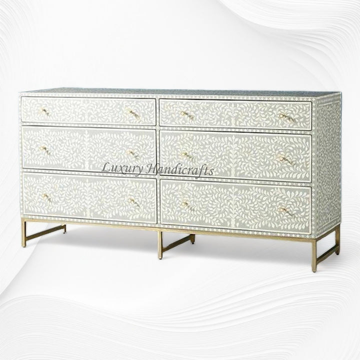 Scroll Vine Bone Inlay 6 Drawer Dresser Grey