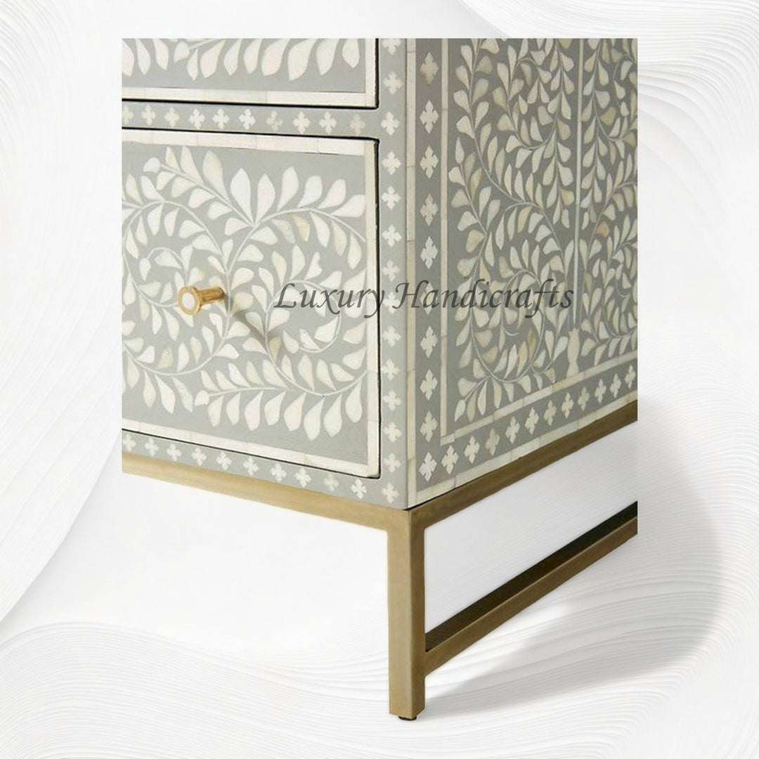 Scroll Vine Bone Inlay 6 Drawer Dresser Grey