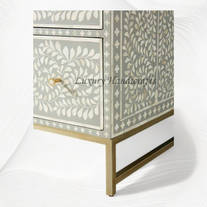 Scroll Vine Bone Inlay 6 Drawer Dresser Grey