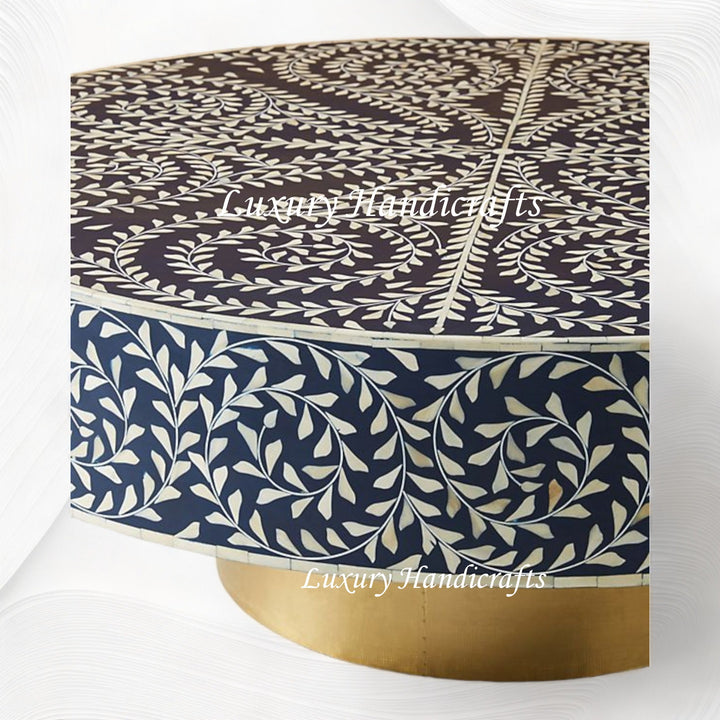Scroll Vine Bone Inlay Coffee Table Indigo Blue