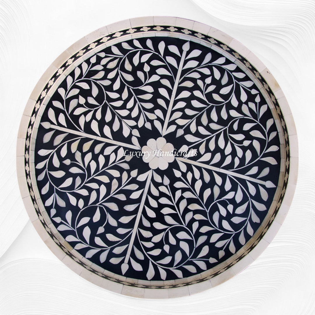 Small Round Bone Inlay Tray Floral Design Black