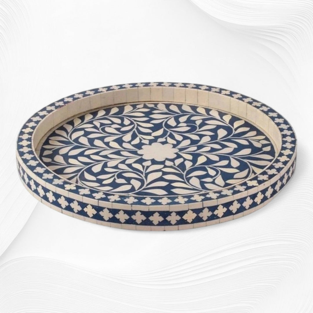 Small Round Bone Inlay Tray Floral Design Blue