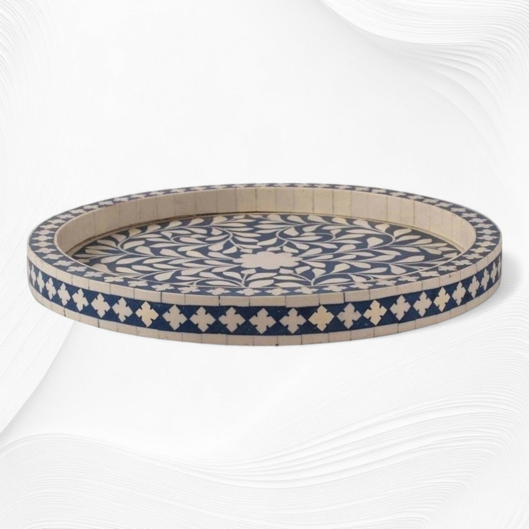 Small Round Bone Inlay Tray Floral Design Blue