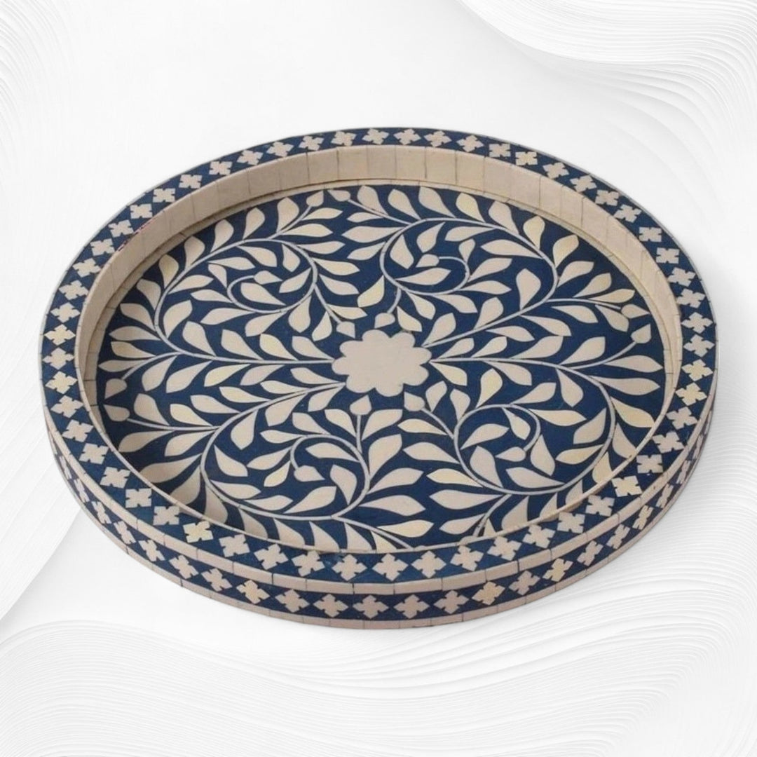 Small Round Bone Inlay Tray Floral Design Blue
